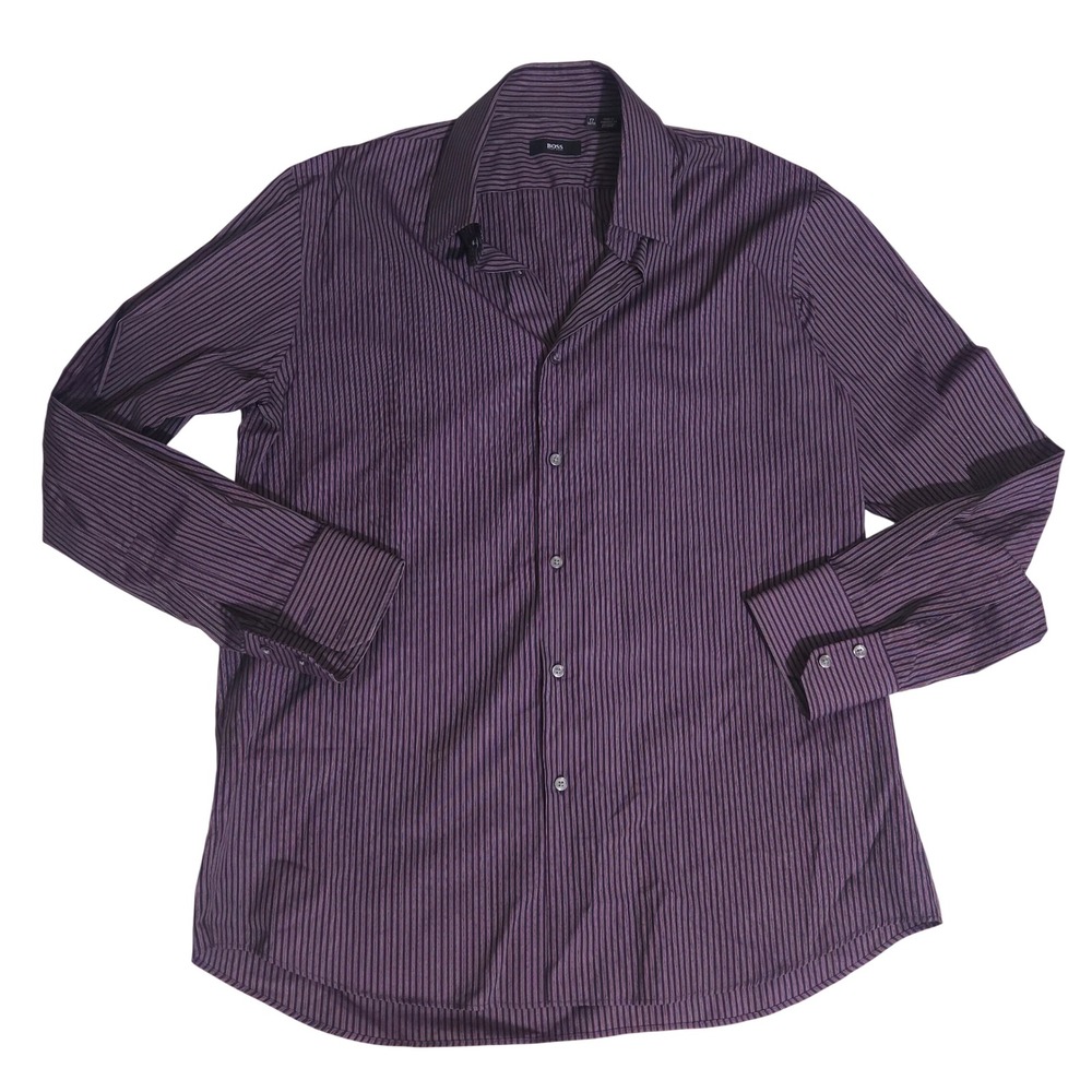 Hugo Boss Mens Dress Shirt Purple Black Striped Long Sleeve 17 34/35 XL